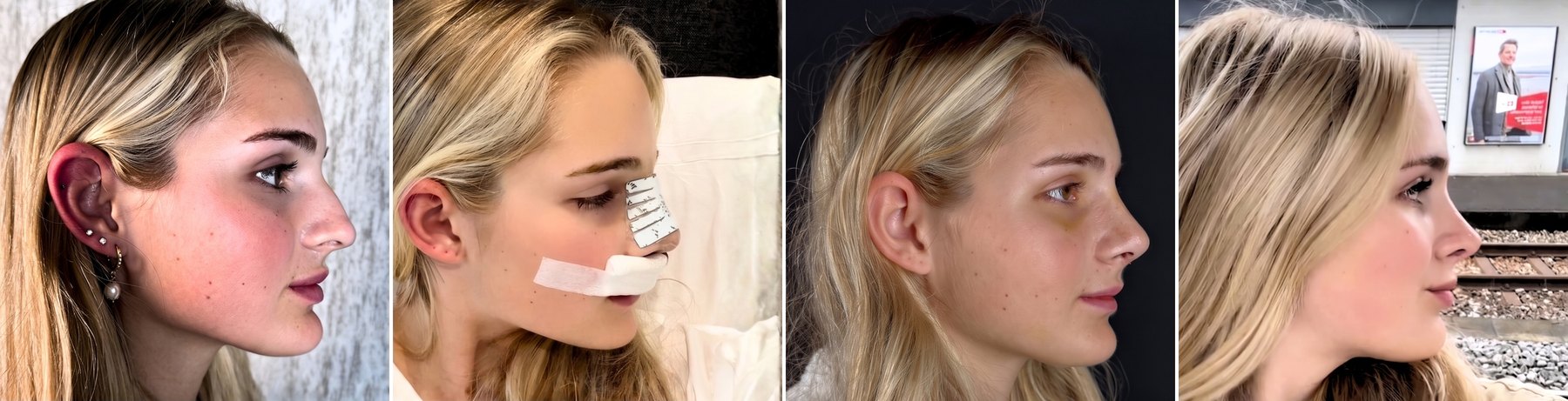 Rhinoplasty patient in profile before surgery, one day after with splint and tape, one week after, and three months after