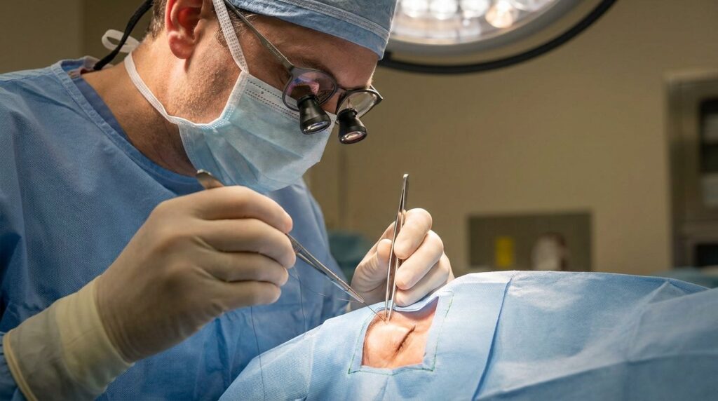 Surgeon using loupes and fine sutures at the outer eye corner during canthopexy surgery