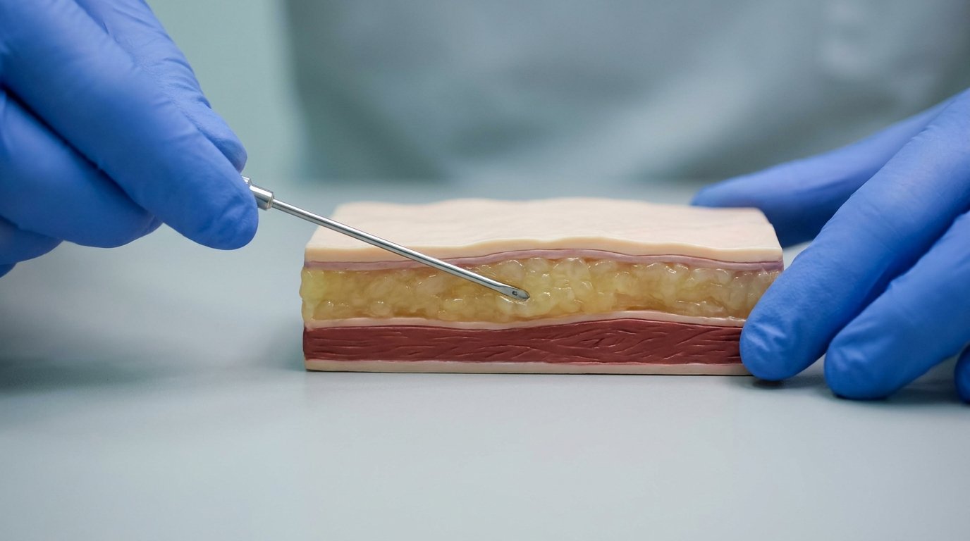 Hands positioning a blunt cannula shallow in the subcutaneous layer of a skin-layer cross-section model.