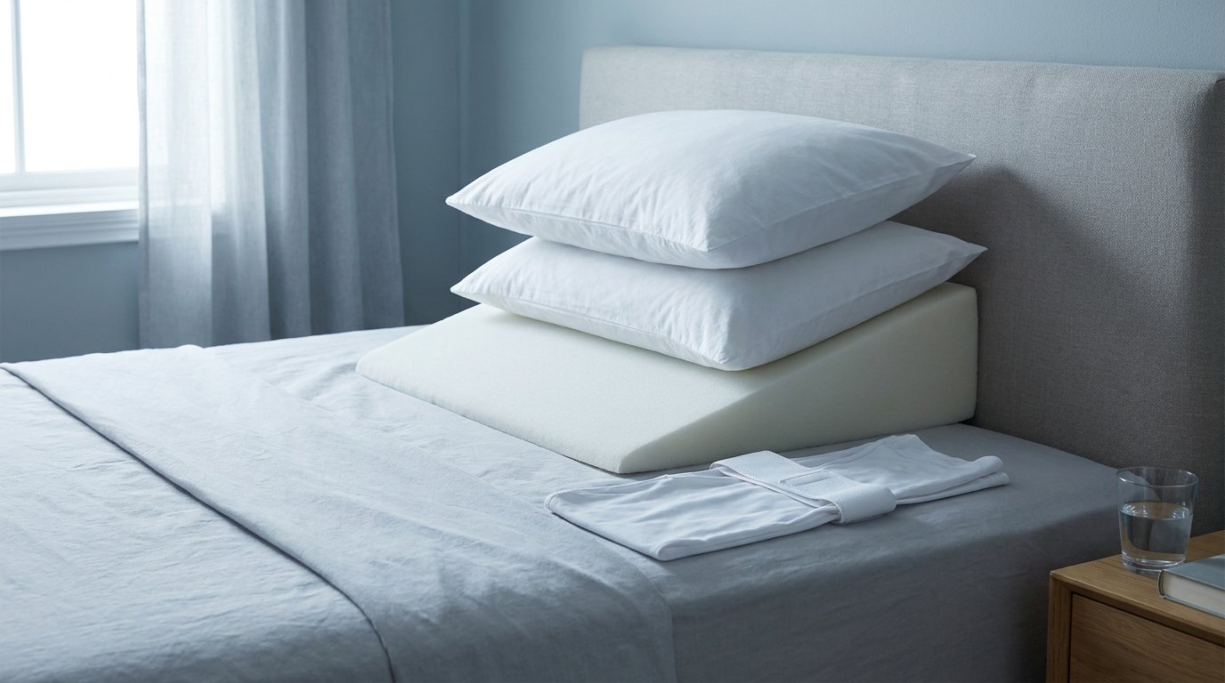 A foam wedge pillow with two pillows stacked on a bed beside a folded white neck compression garment.