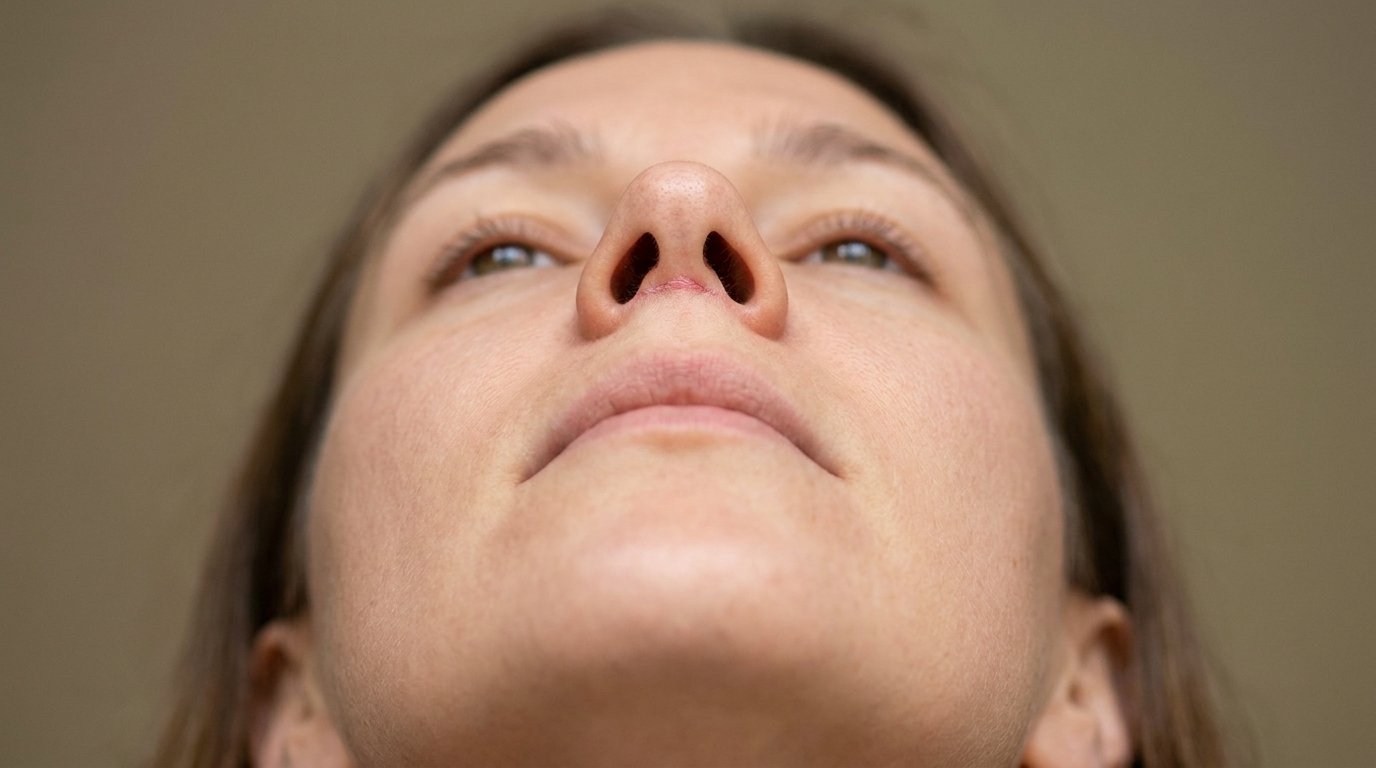 Upward three-quarter view of a woman's nose showing a fine healing line across the columella between the nostrils.