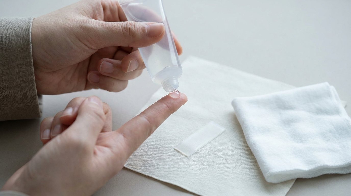 Hands squeezing clear silicone gel from an unbranded tube beside a small translucent silicone sheet on a plain surface.