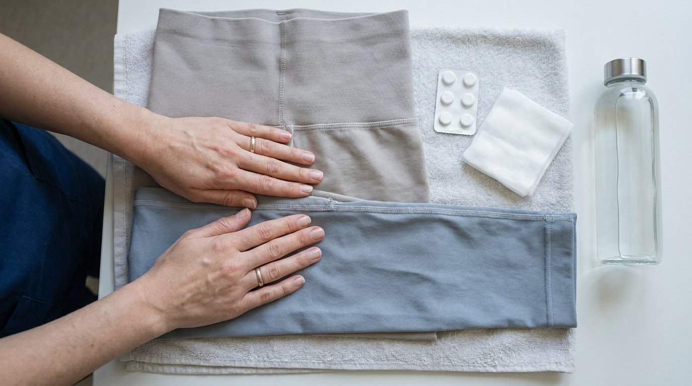 Two hands smoothing a folded long-legged medical compression garment beside unmarked tablets, a gauze pad and a water bottle on a plain surface.