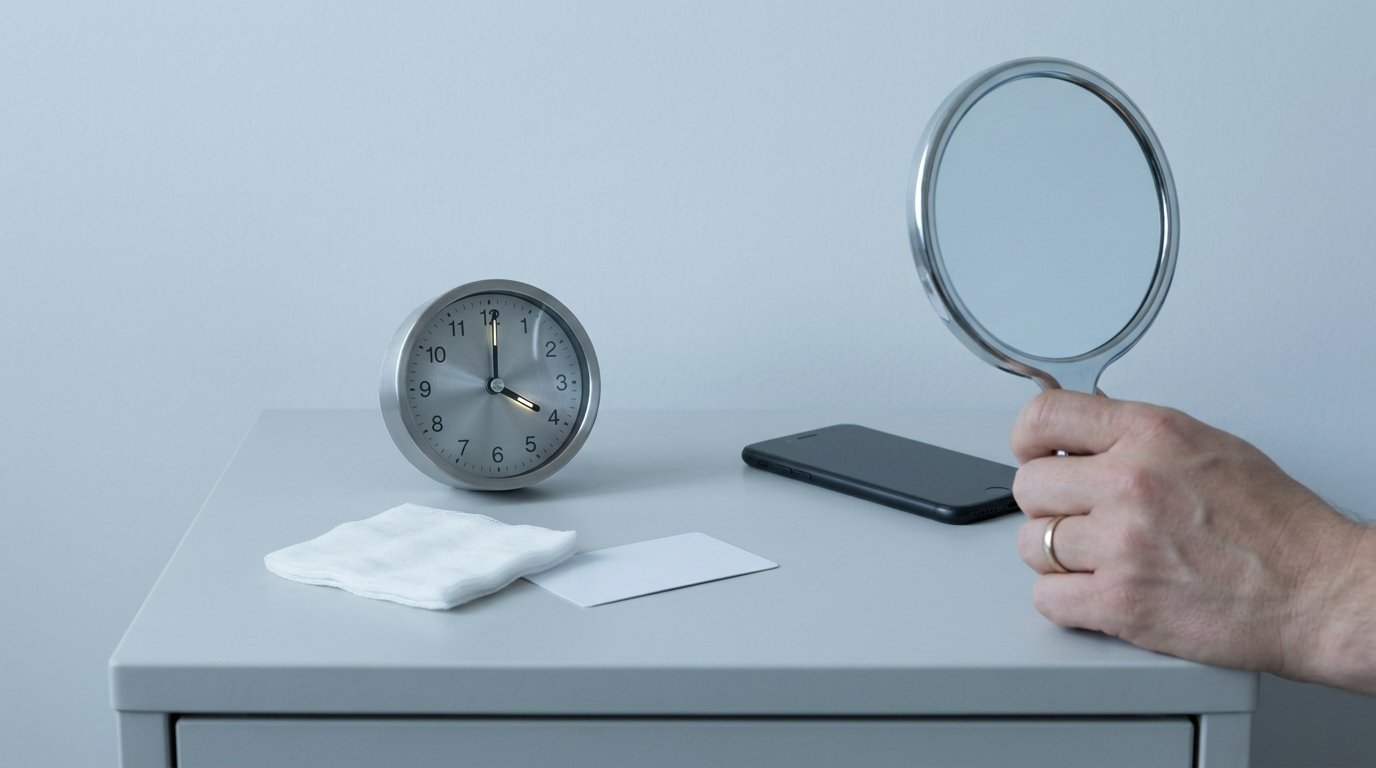 A hand holding a small mirror beside a clock, an emergency contact card and folded gauze on a plain surface.