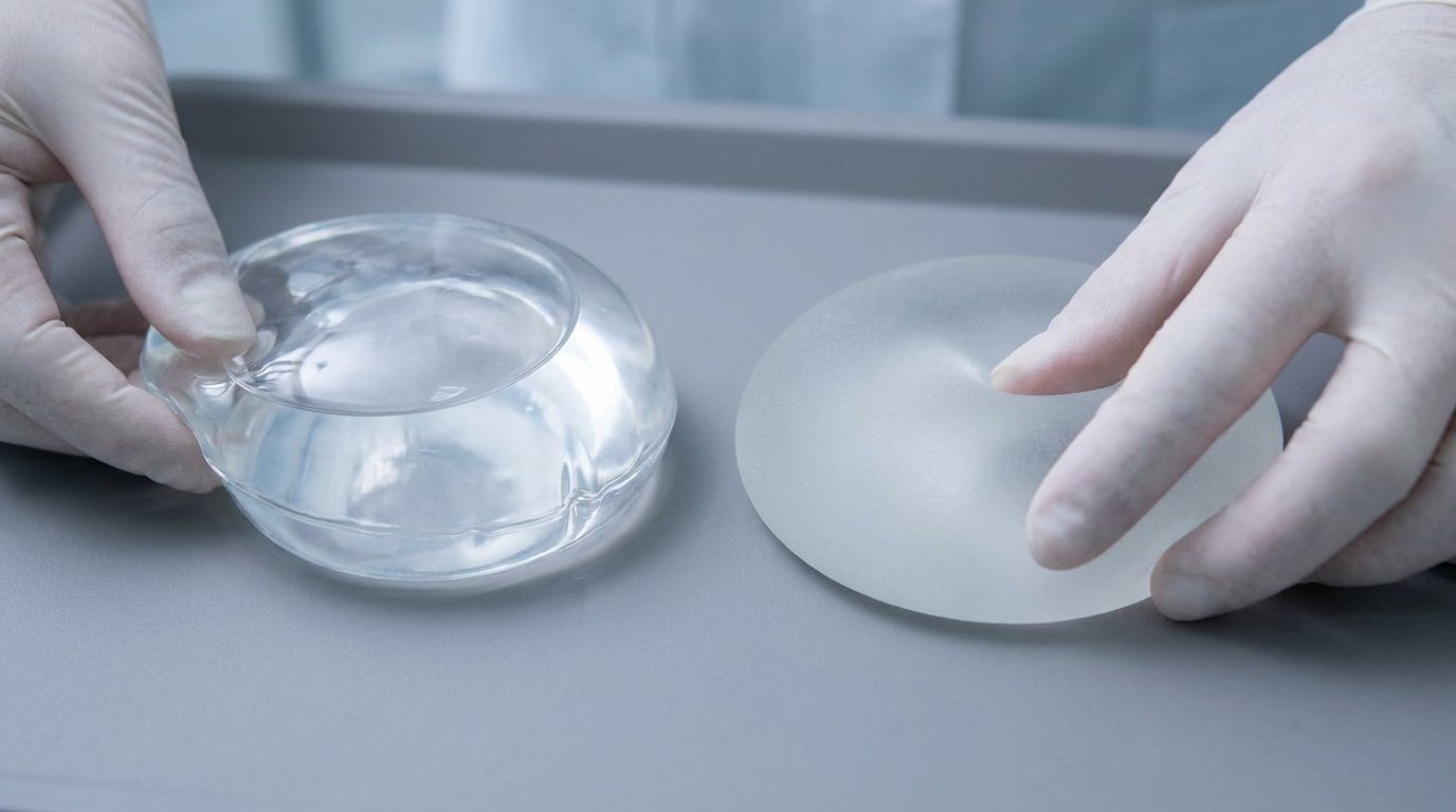 Two unbranded breast implants side by side, one clear saline with liquid rippling and one firm silicone gel, held between gloved fingertips.