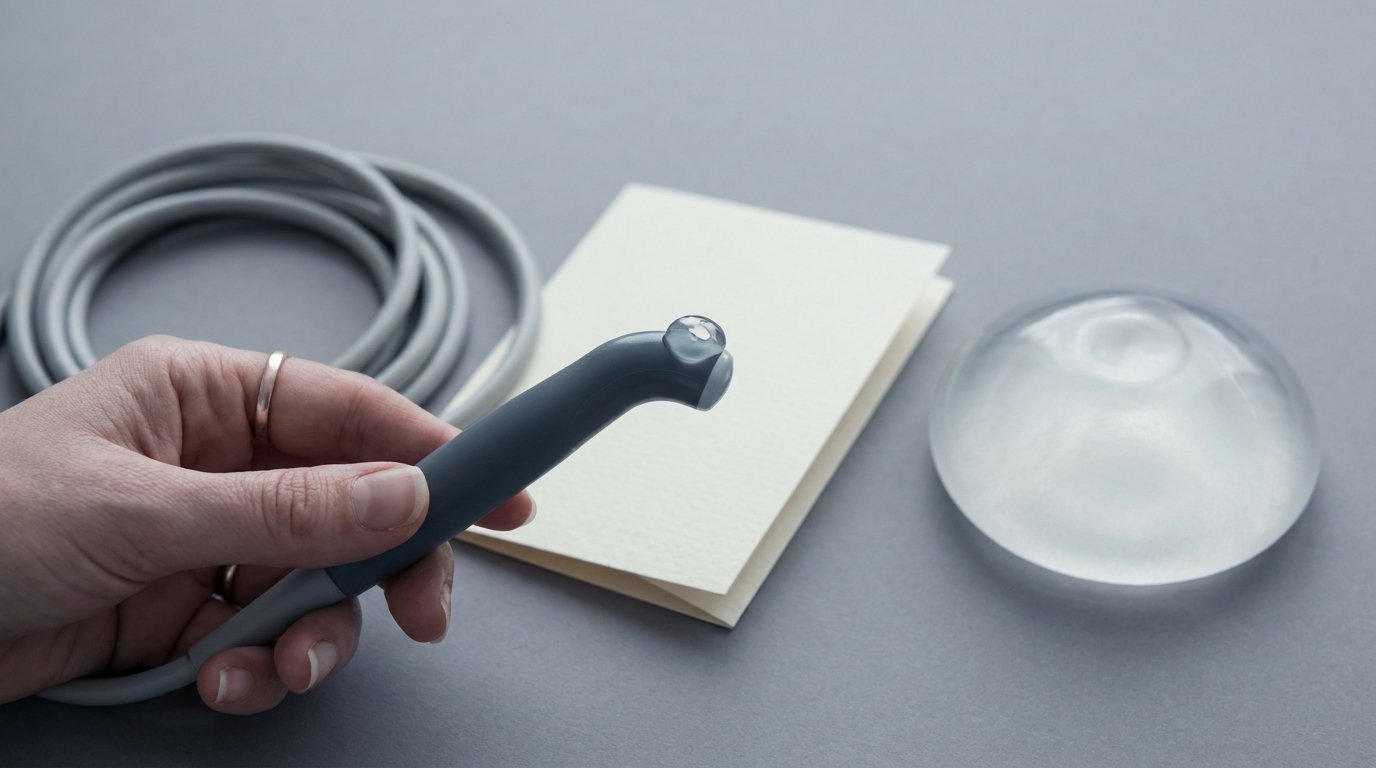Flat-lay of an ultrasound probe with gel on its tip, a blank appointment card, and a single unbranded silicone implant on a neutral surface.
