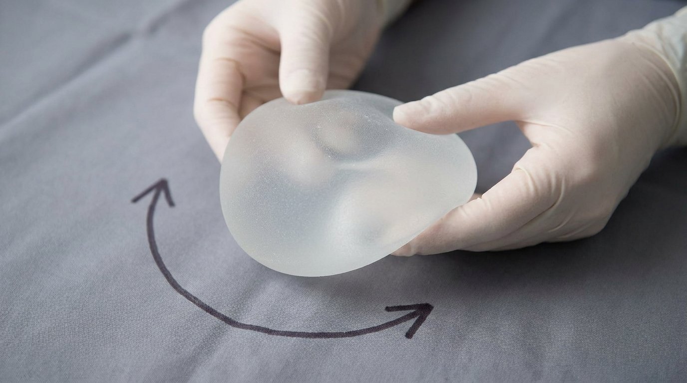 Two hands rotating a teardrop-shaped silicone breast implant, its fuller lower half tilted sideways, with a curved arrow indicating the turning motion.