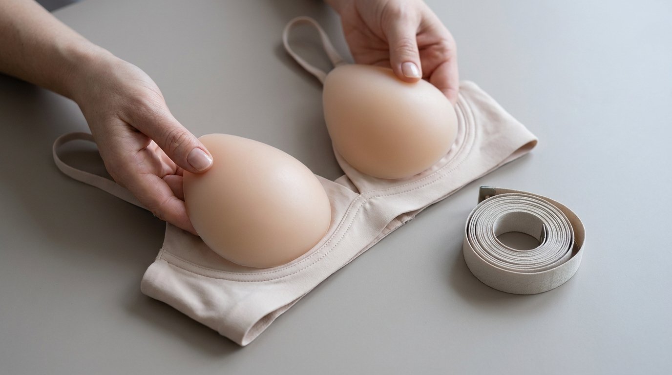 Two hands holding silicone breast implant sizers over a plain bra, one sizer placed inside a cup.