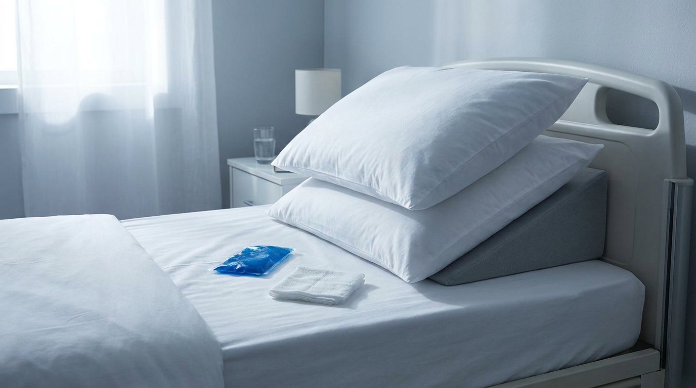A stacked pillow wedge on a bed with a foam support beneath, a cold pack and gauze beside it.