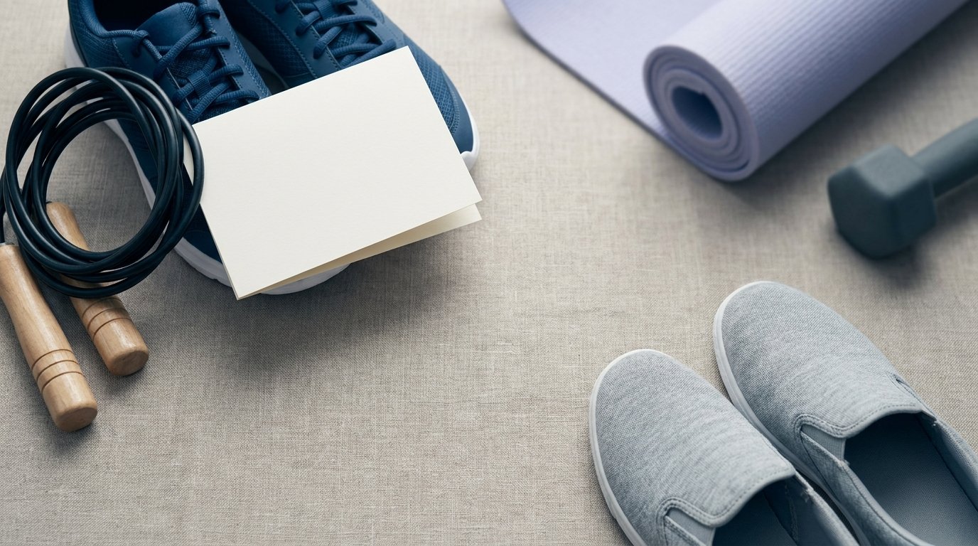A flat-lay contrasting set-aside running shoes, skipping rope, dumbbell and yoga mat with permitted walking shoes.