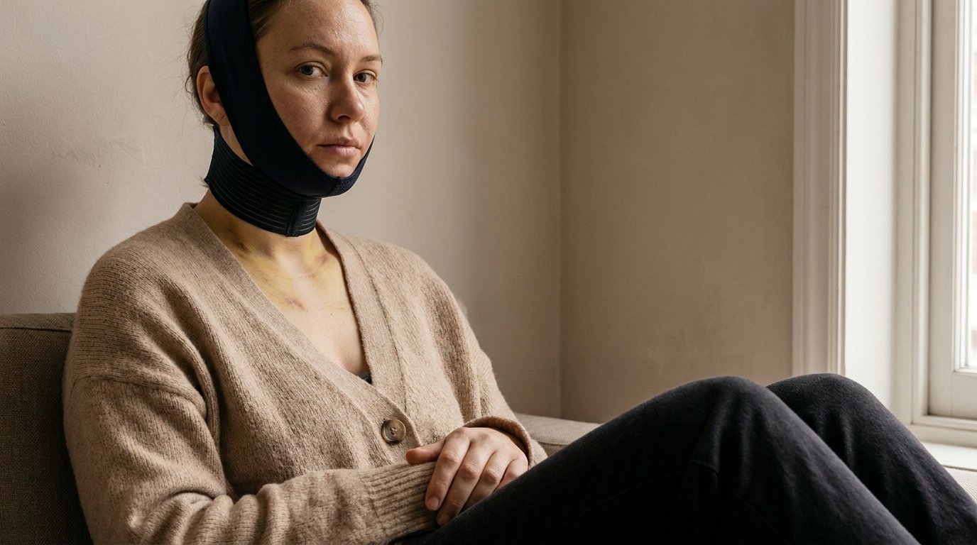 A seated recovering patient wearing a neck support garment with faint bruising settling low on the neck and upper chest.