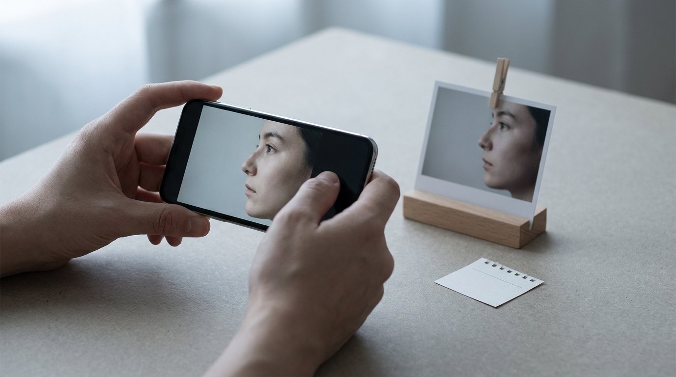 Two hands holding a smartphone showing a side-profile face photo next to a printed profile reference photo on a stand under matching light.