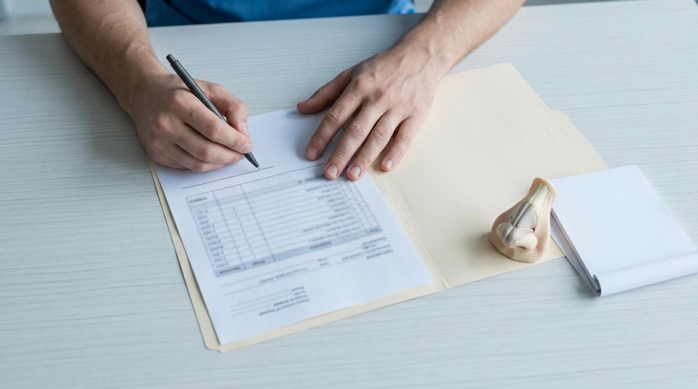 Two hands with a pen over a printed itemised quotation sheet on a desk beside a plain folder and a small nose model.