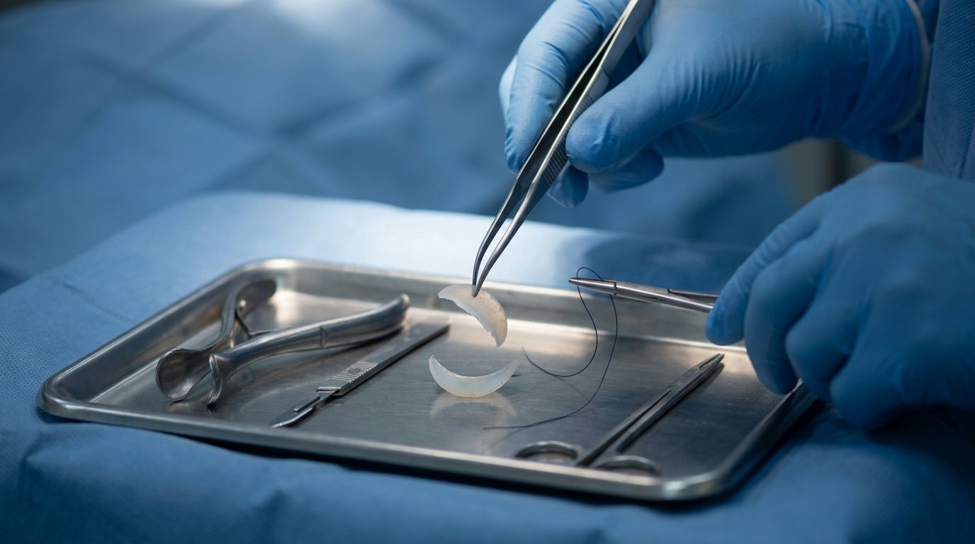 Gloved hands holding forceps that grip a small piece of cartilage graft over surgical instruments on a sterile tray.