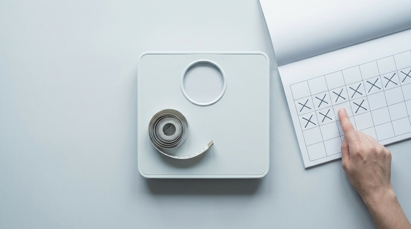 A flat-lay of a bathroom scale, a coiled cloth measuring tape and a page calendar with weeks marked off, one hand pointing at a dated week.