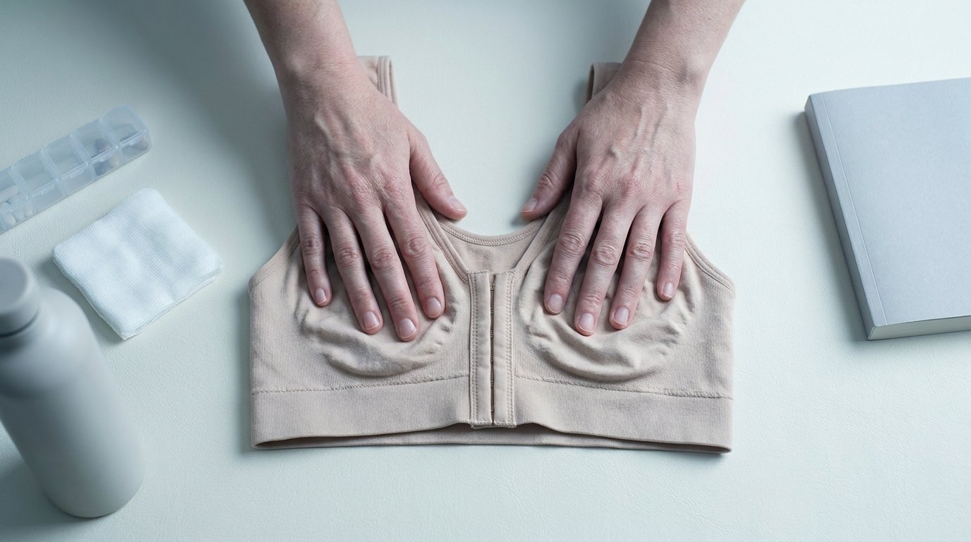 A flat-lay of a front-fastening surgical support bra being smoothed flat by two hands, with a pill organiser, gauze, water bottle and paperback arranged around it on a pale surface.