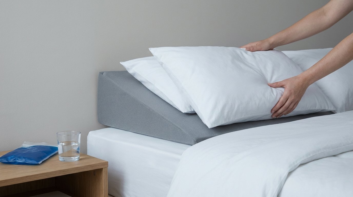 Hands arranging a white pillow on an angled foam wedge on a plain bed, with a cool compress and glass of water on the nightstand.