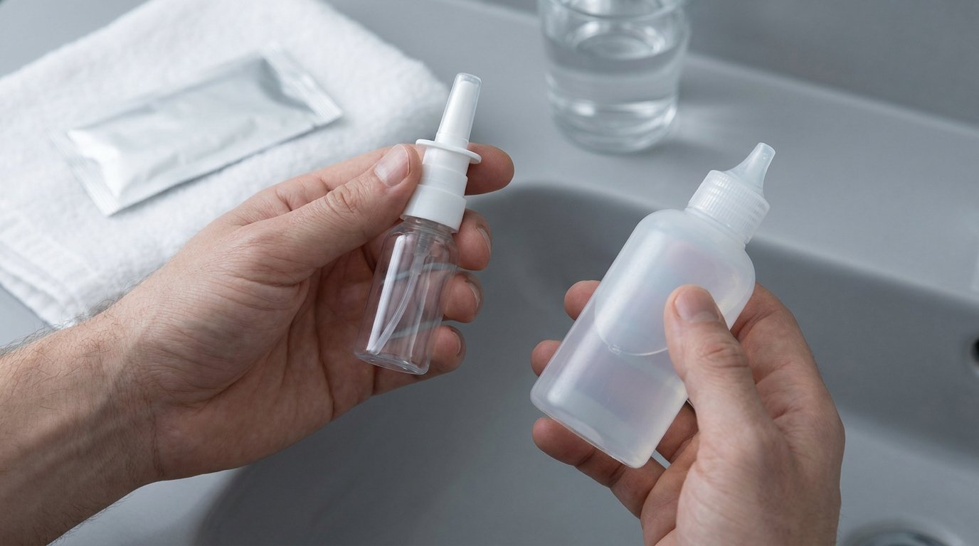 Two hands holding an unbranded saline spray bottle and a soft squeeze rinse bottle over a plain counter with a saline sachet and glass of water.