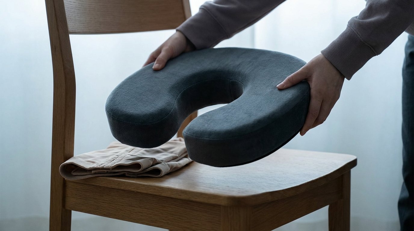 A horseshoe BBL cushion with a rear cut-out placed on a plain wooden chair, hands adjusting it, a folded compression garment beside it.