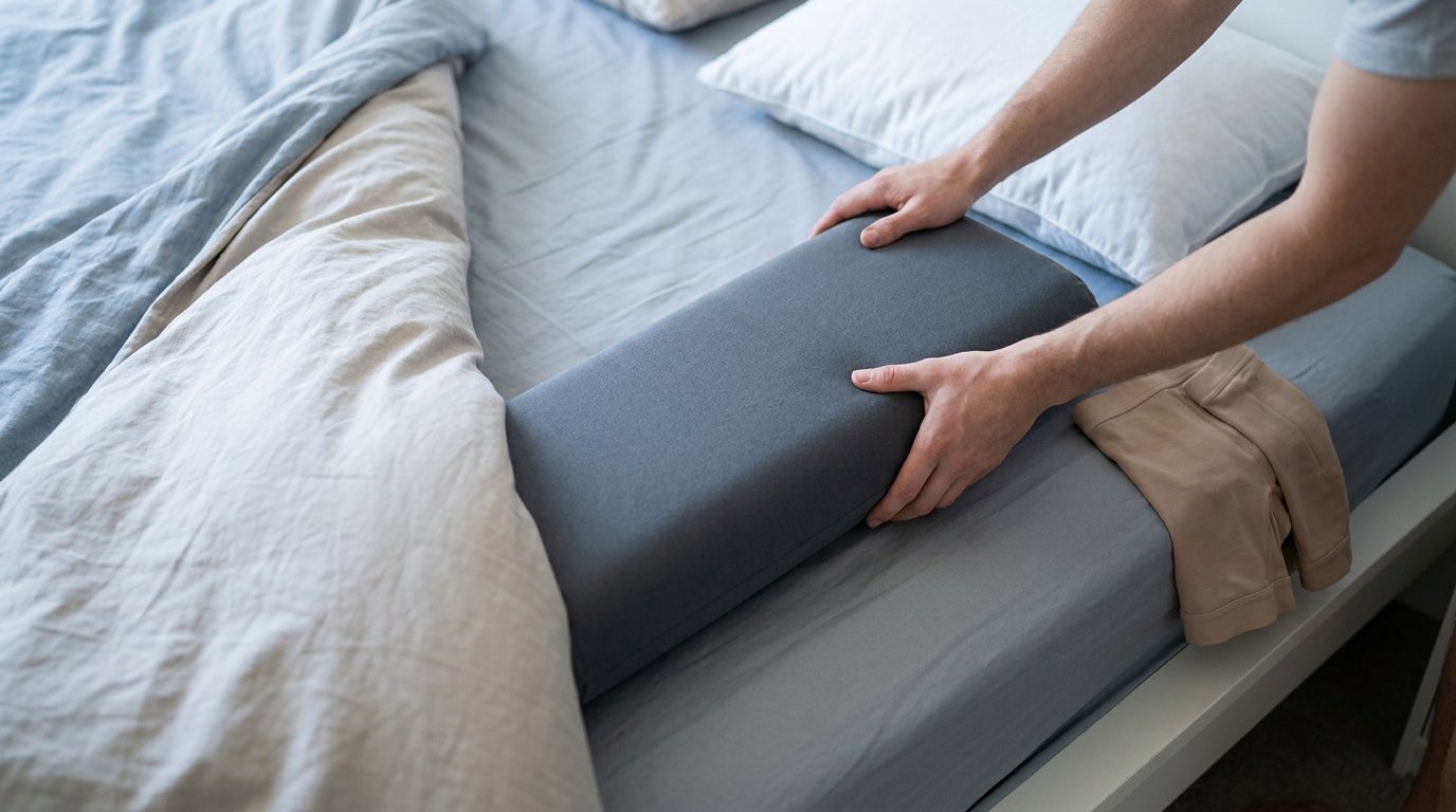 An overhead view of a bed with a pillow placed under the hip area and another for the chest, hands arranging them, a folded garment at the edge.
