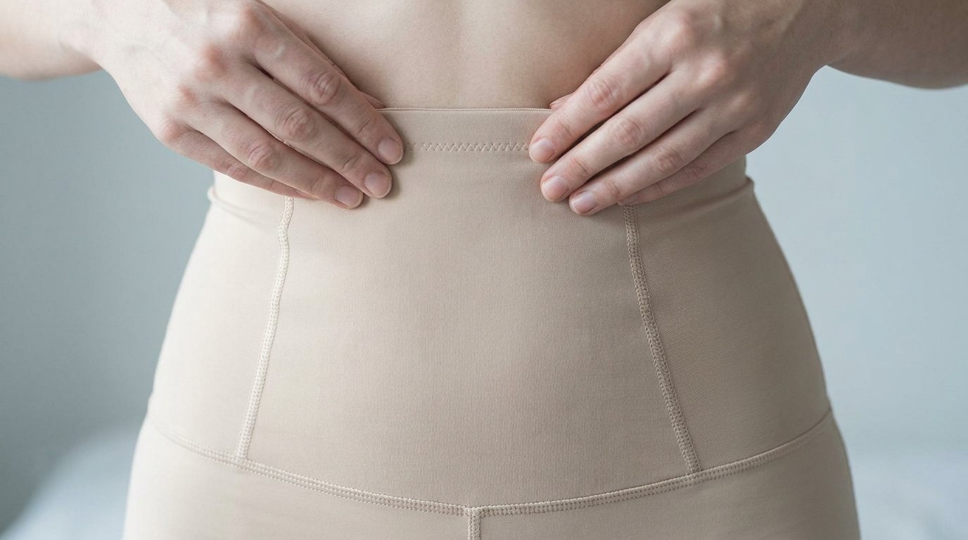 Two hands smoothing the top hem of a high-waisted beige medical compression garment flat against the abdomen.