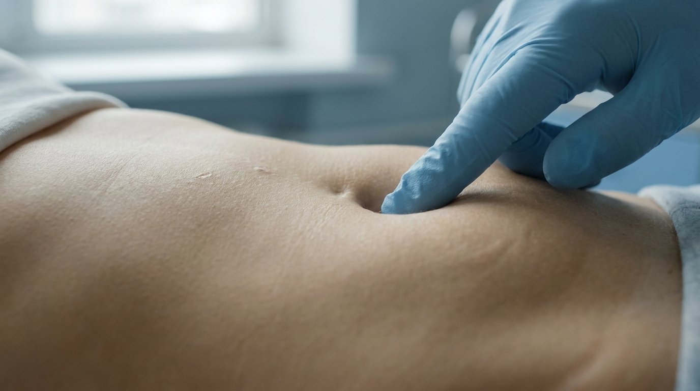 Two fingertips pressing gently into a soft, slightly raised area of the lower abdomen near a small healed incision.