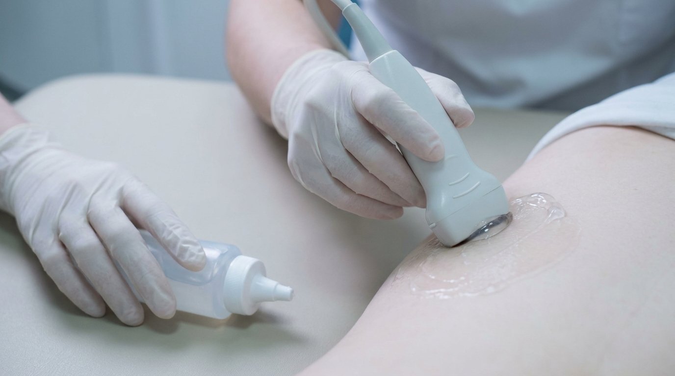A gloved hand pressing an ultrasound probe with clear gel against skin while the other hand holds a gel bottle, against a plain background.