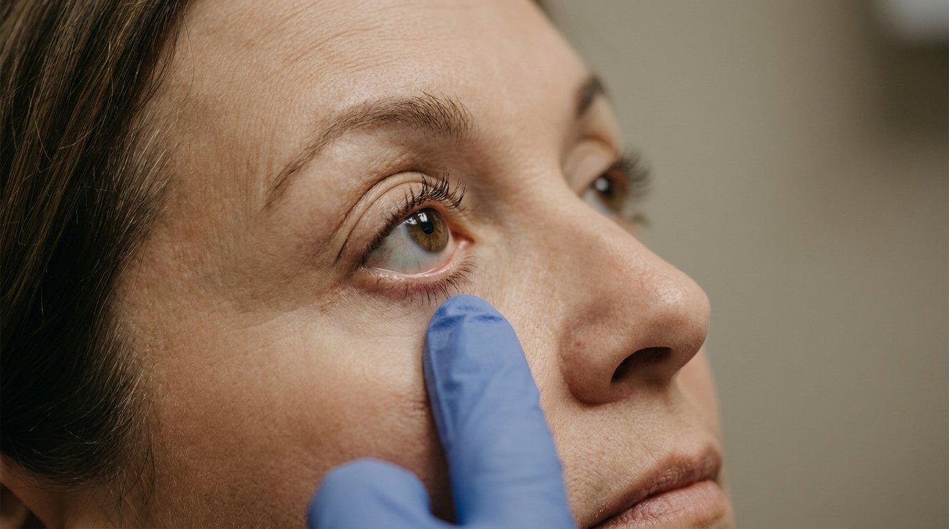 A gloved fingertip gently pulling a patient's lower eyelid away from the eyeball to test its laxity.