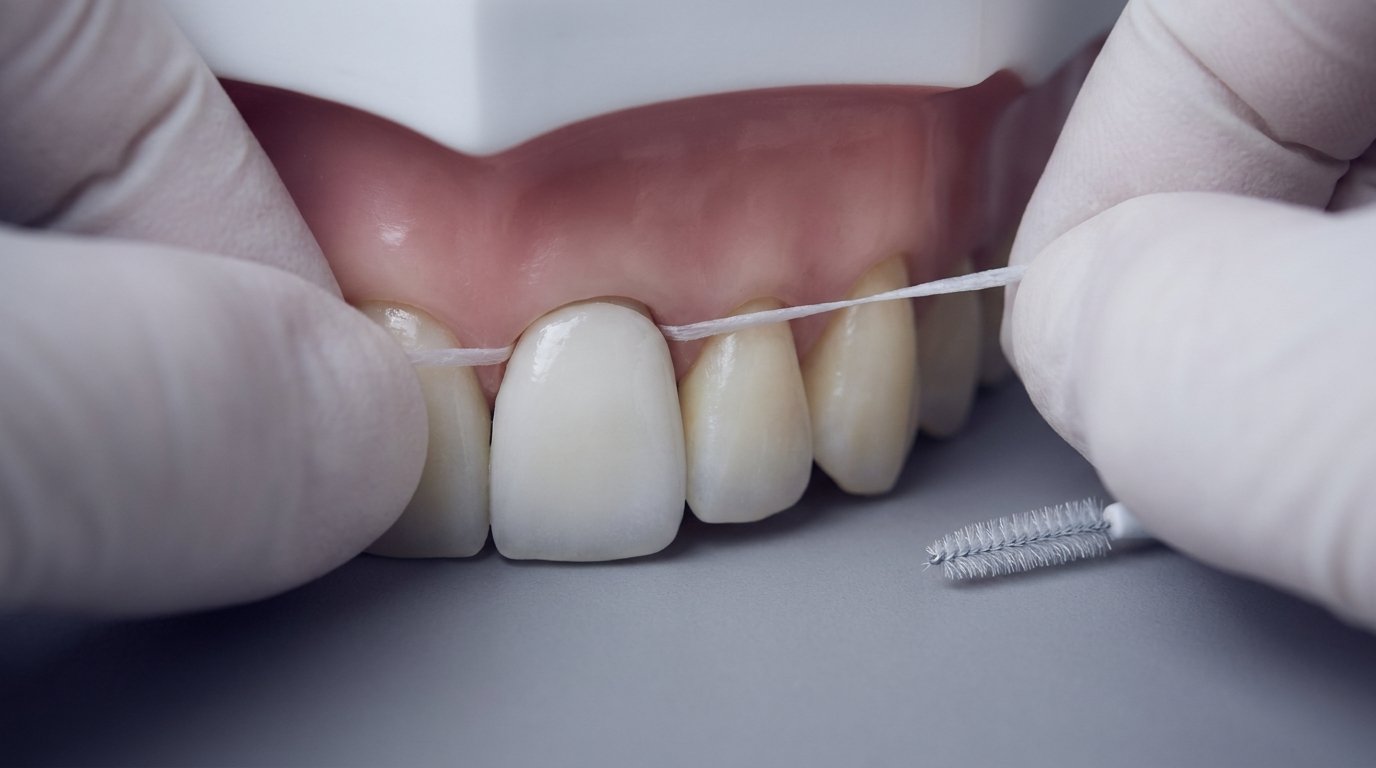 Two hands sliding taut dental floss into the gum-line junction of a crowned tooth on a dental model, with an interdental brush resting nearby.
