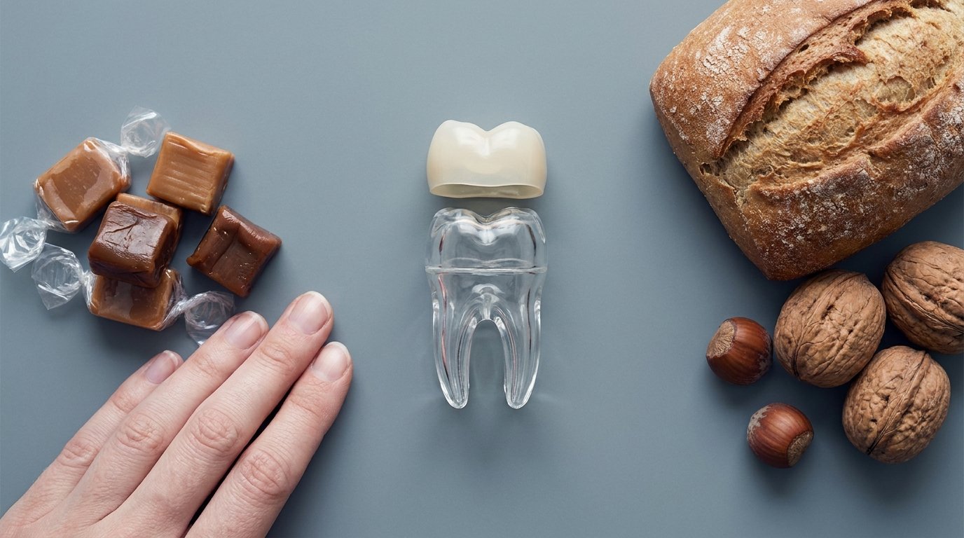 A dental model of a molar with a loose temporary crown on a plain surface, surrounded by toffees, a hard bread roll and nuts, with a hand pushing the sweets away.