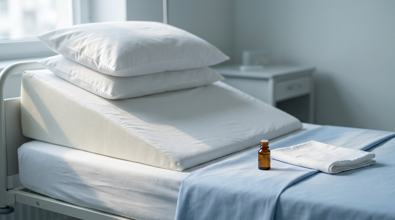 A foam wedge under two white pillows on a bed with eye drops and a folded cloth beside them.