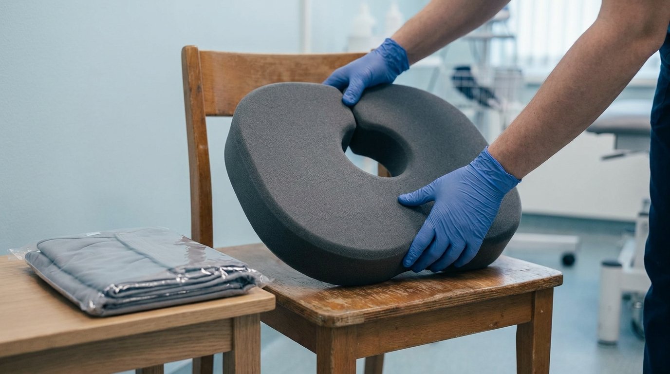 Hands placing a U-shaped recovery cushion with a cut-out onto a plain wooden chair, a folded compression garment beside it.