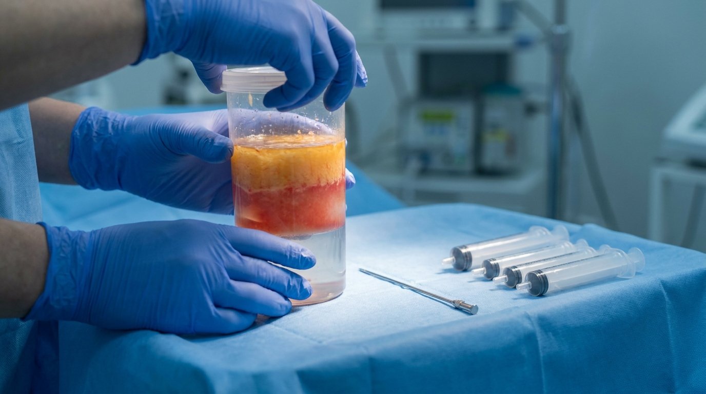 Gloved hands holding a clear canister of harvested fat separated into golden fat above and reddish fluid below on a sterile tray, with syringes nearby.