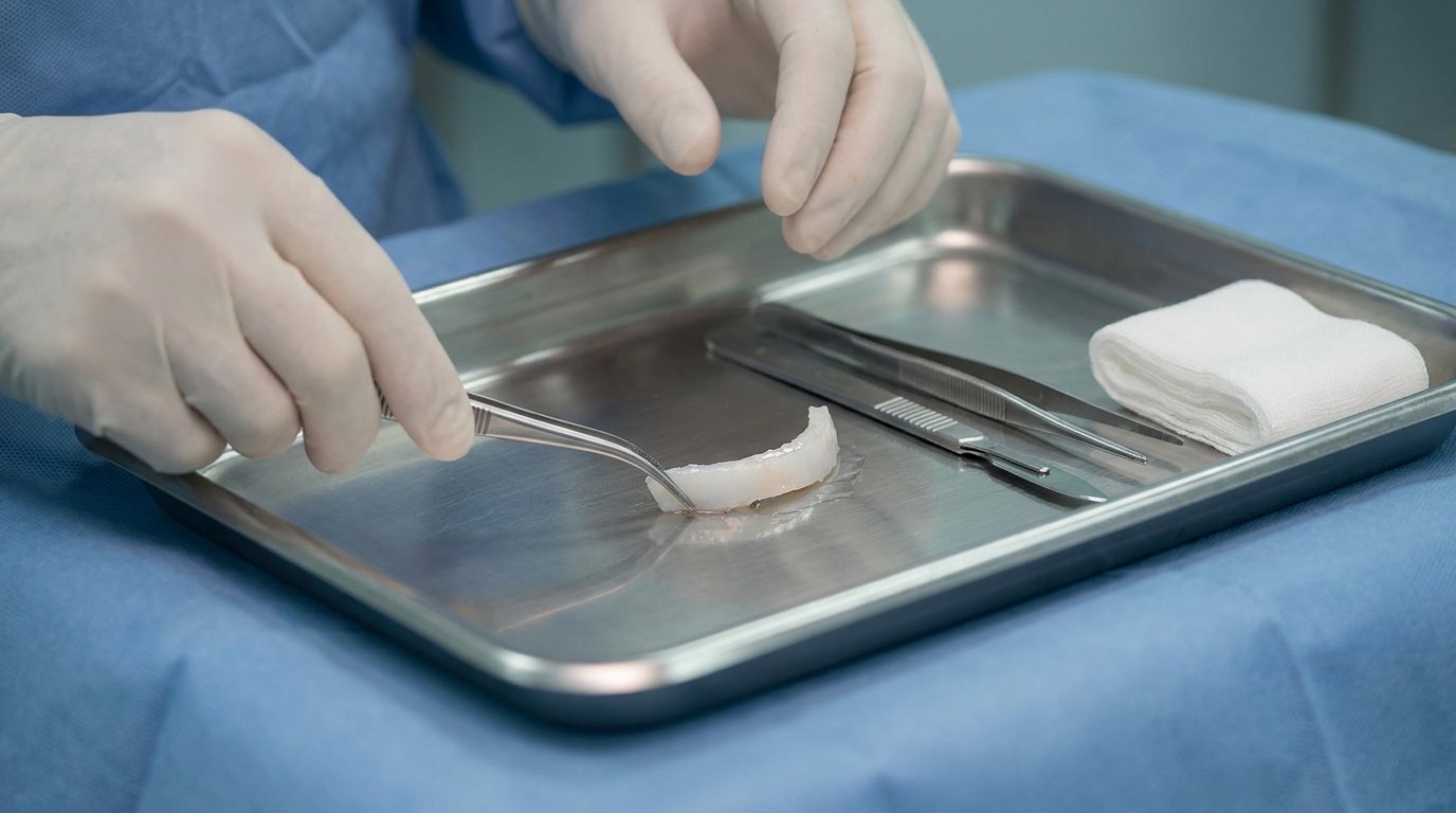 Gloved hands holding a small harvested rib cartilage segment on a sterile surgical tray with scalpel, forceps and gauze.