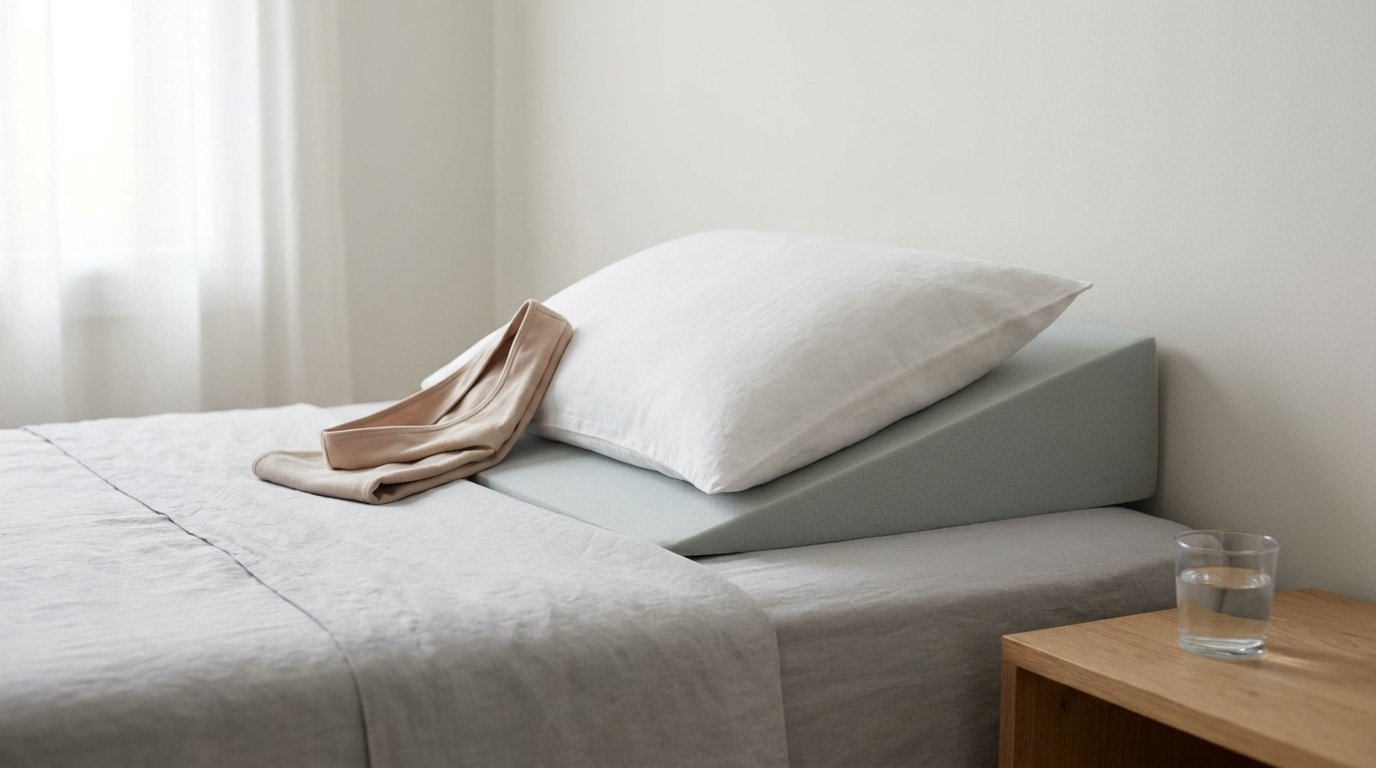 A foam wedge pillow raising the head of a plain white bed, with a folded light neck-support garment and a glass of water on the nightstand.