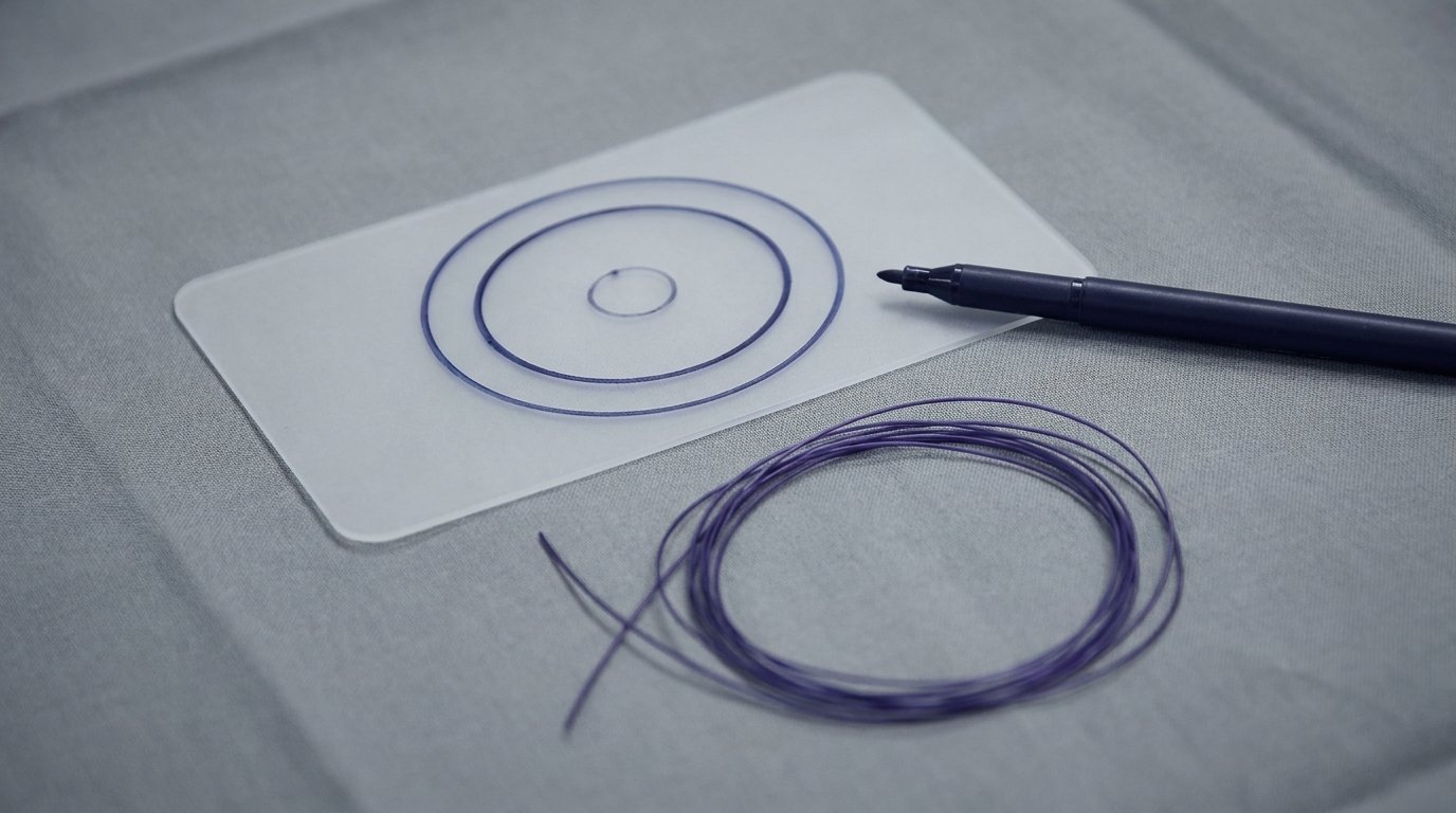 A flat-lay showing two concentric marked circles around a central areola-sized circle with curled purse-string suture beside a surgical marker.