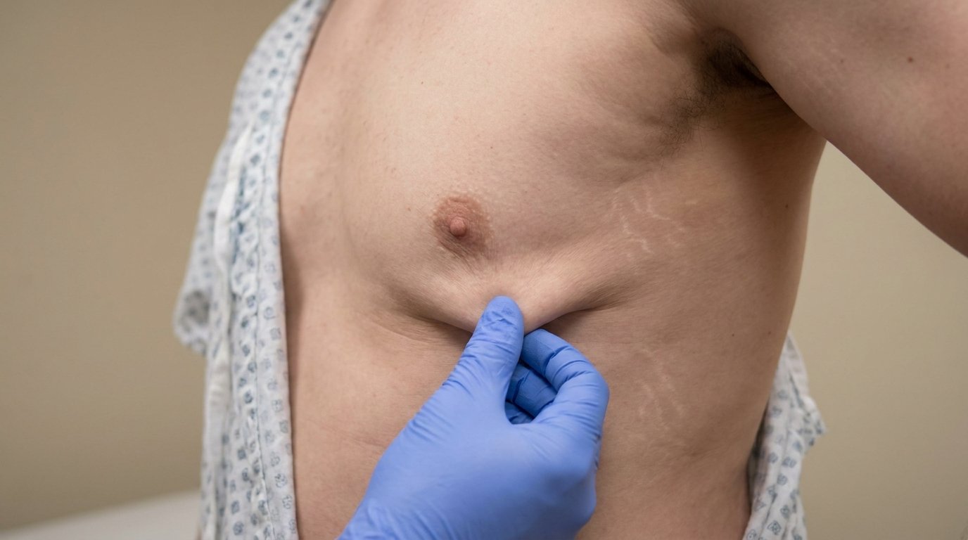 A gloved clinician hand pinching and lifting a fold of loose skin on a male chest with faint stretch marks visible.