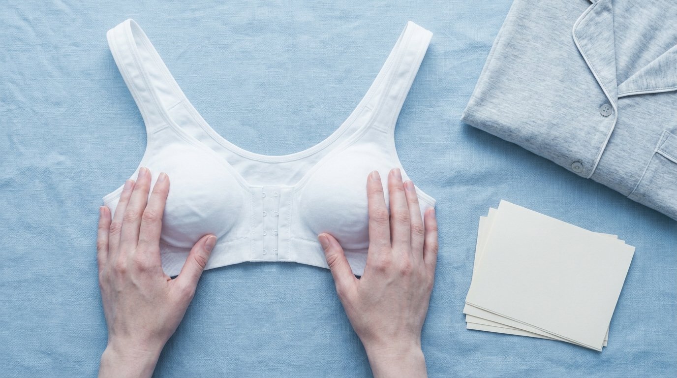 A white front-fastening non-wired bra laid flat beside a folded button-through top and paperwork, with two hands smoothing it.