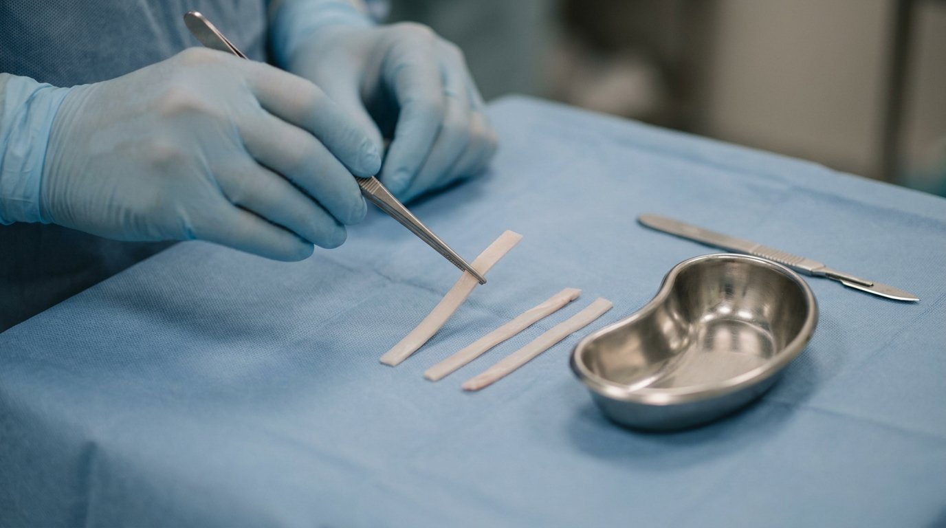Gloved hands using forceps to lift a thin strip of pale cartilage on a sterile drape, with two more strips and a kidney dish nearby.