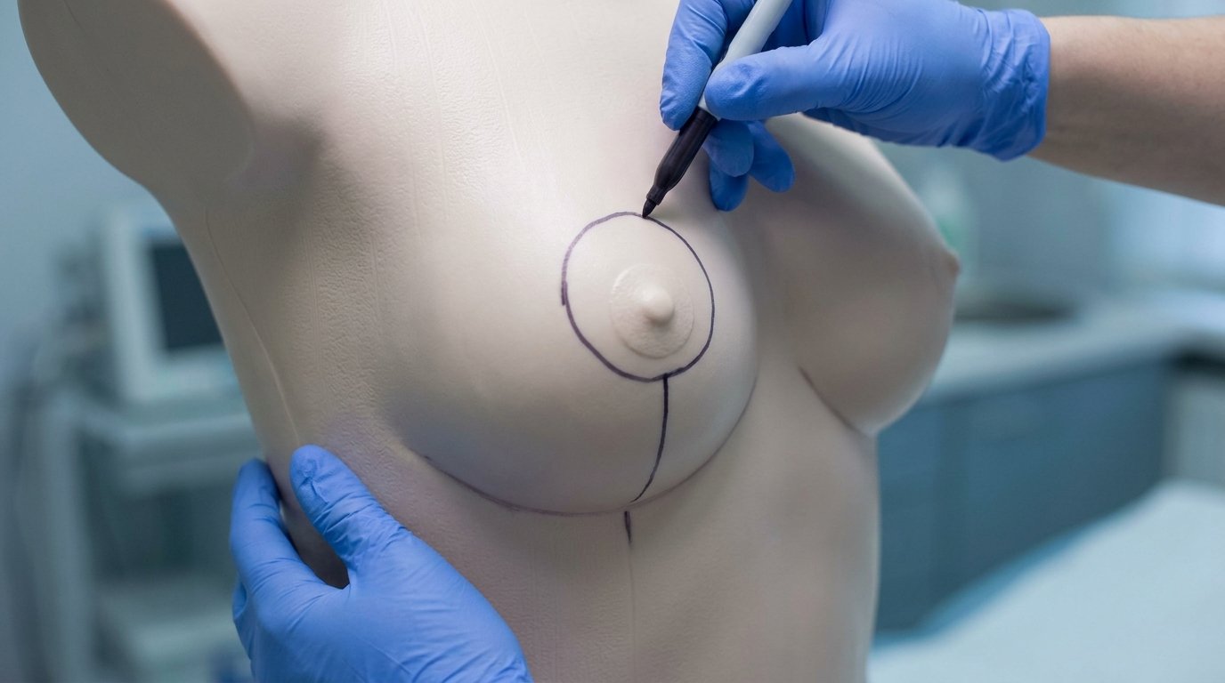 Gloved hands drawing a circle around the areola and a vertical line down to the crease on a mannequin torso.
