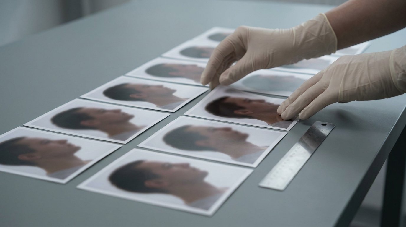 Two hands arranging printed side-profile face photographs in a matched before-and-after row with a small ruler.