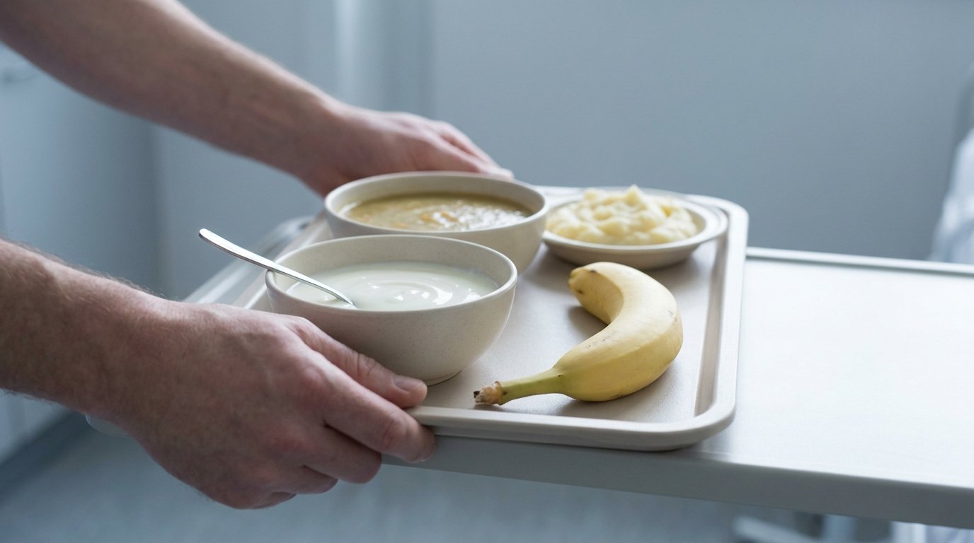 Two hands holding a tray with yoghurt, blended soup, mashed potato and a soft banana.