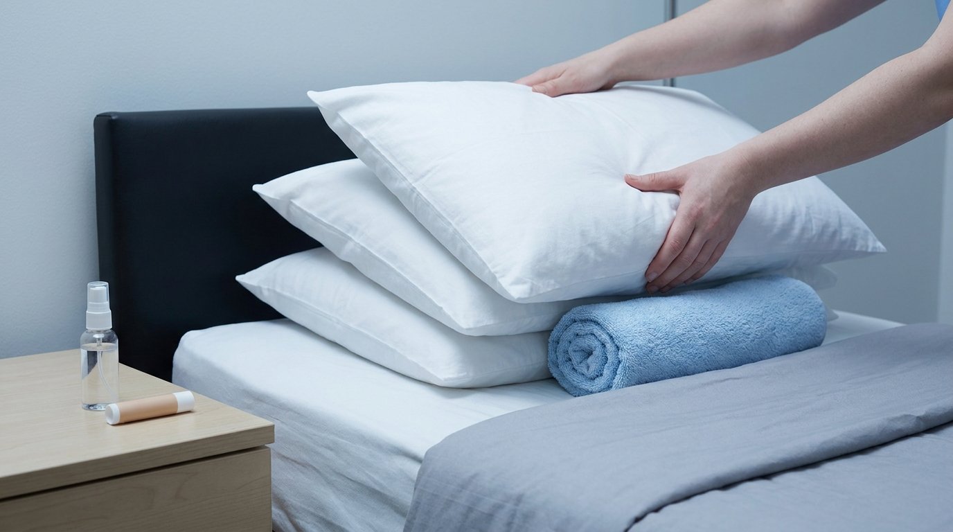Hands arranging three pillows into an inclined wedge against a headboard, with a rolled neck towel and saline spray nearby.