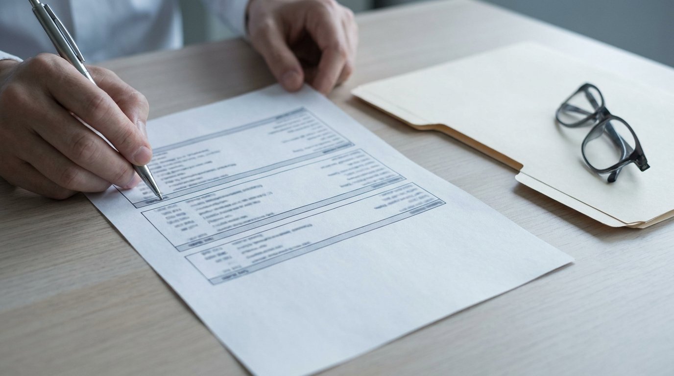 Hands with a pen reviewing an itemised printed surgery cost sheet on a desk beside a closed photo review folder.