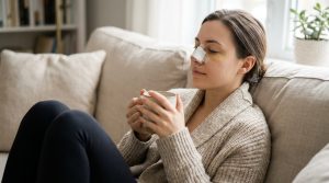 Woman resting at home with a nasal splint during the first week of rhinoplasty recovery