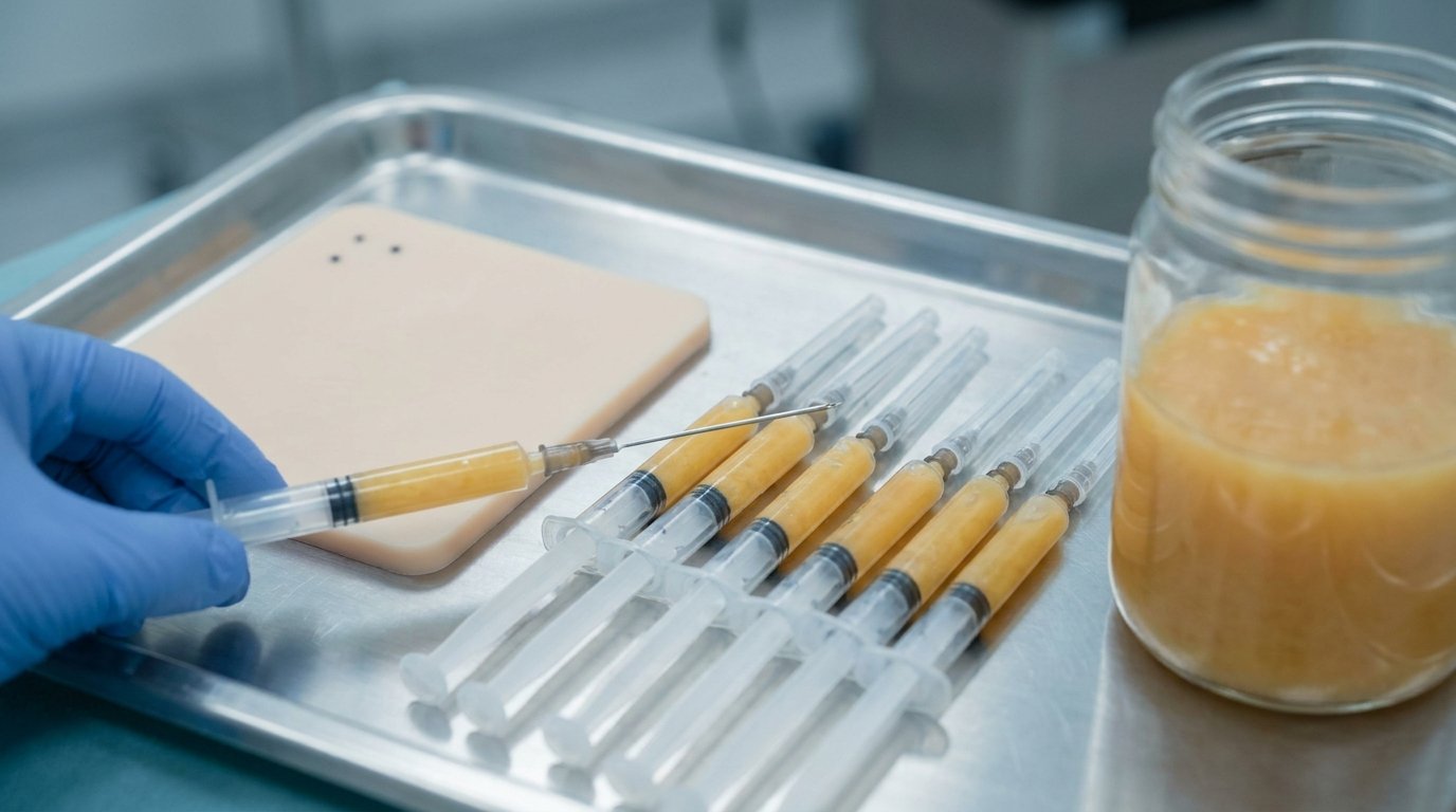 Sterile tray with syringes of golden processed fat and a fine cannula beside a pad marked with two small entry points.