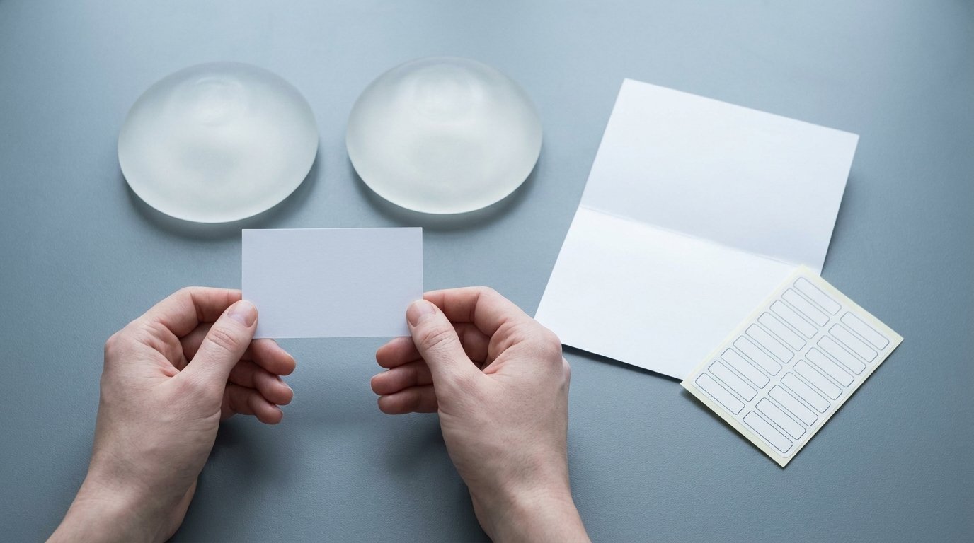 Two silicone breast implants on a surface beside a blank warranty card held in two hands and a specification sheet.