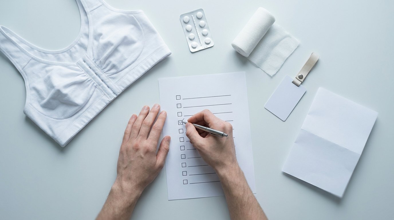 Flat-lay of a surgical compression bra, medication strip, rolled dressing, hotel keycard and a checklist being ticked by two hands.