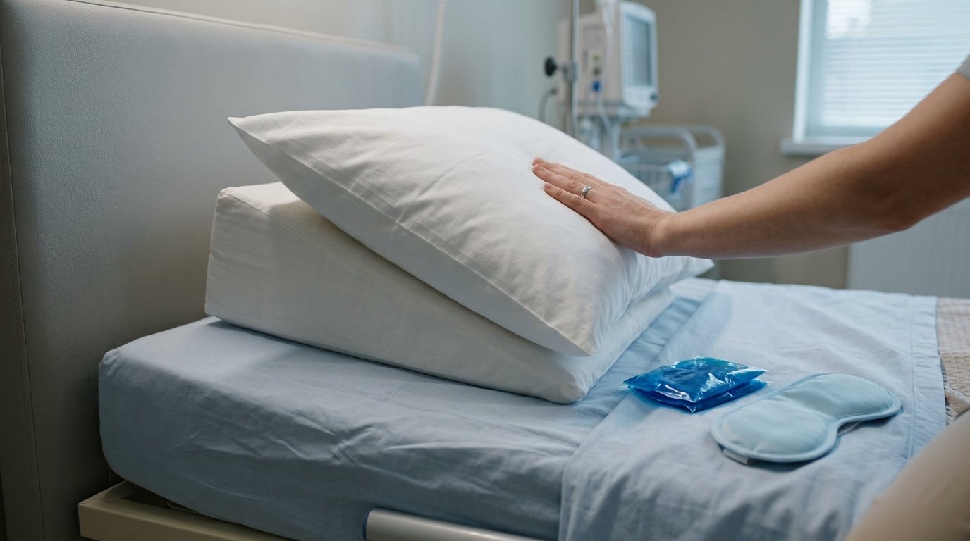 Two pillows stacked into an inclined wedge on a bed with a gel compress and eye mask beside them, a hand pressing the top pillow.