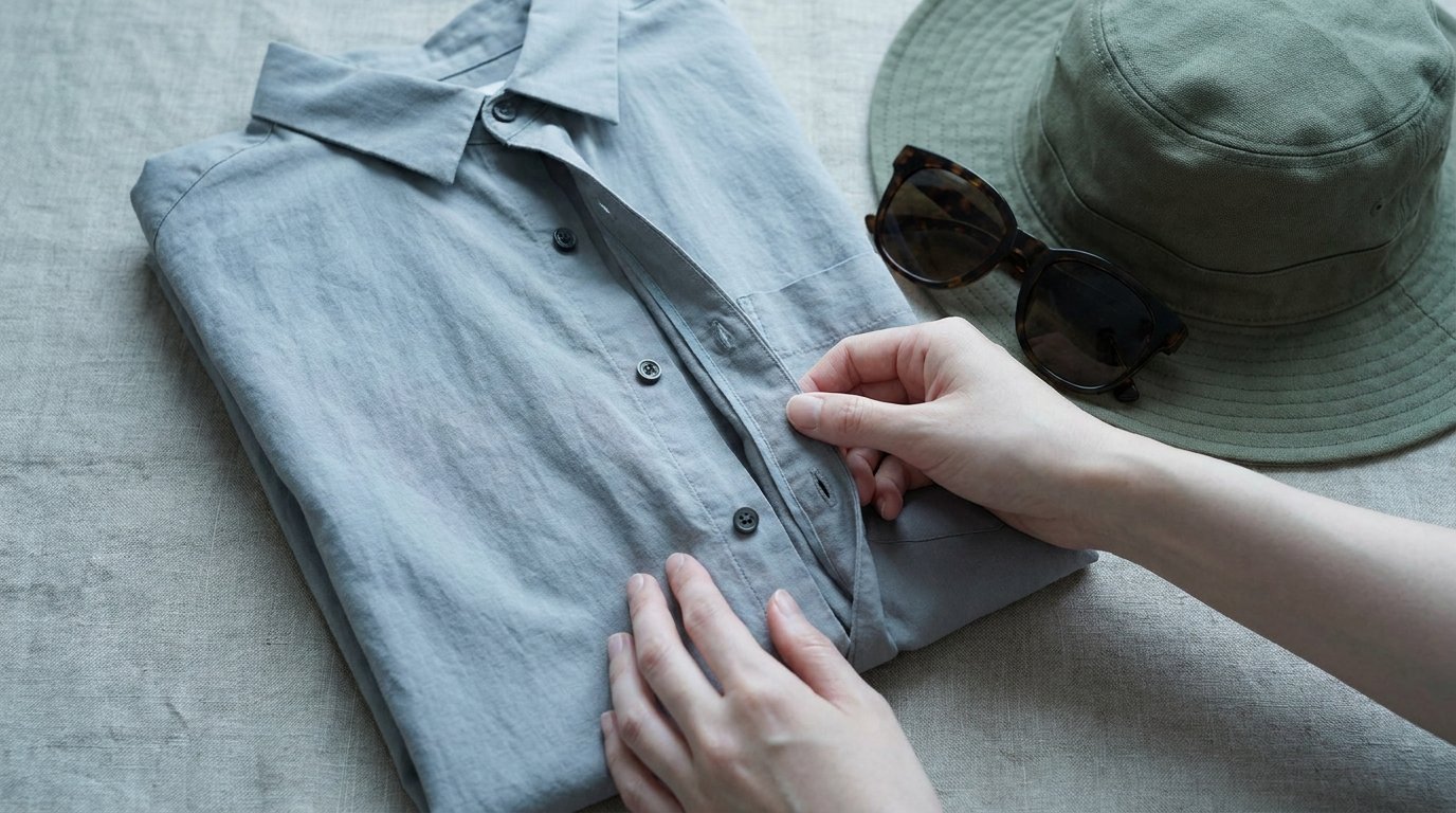 Flat-lay of a folded front-opening button shirt, dark sunglasses and a wide-brimmed hat on a plain surface, hands smoothing the shirt.